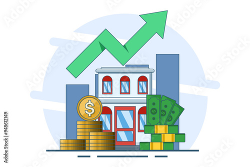 Real estate concept and stack of coins. saving money for home, property financing concept, investing money. Investment in construction. Budget concept for construction. Web Vector Illustration.