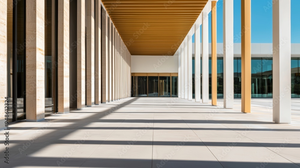 Modern architectural space showcasing elegant lines, large windows, and dramatic shadows under a bright blue sky. Modern architectural space showcasing elegant lines, large windows, and dramatic shadows under a bright blue sky.