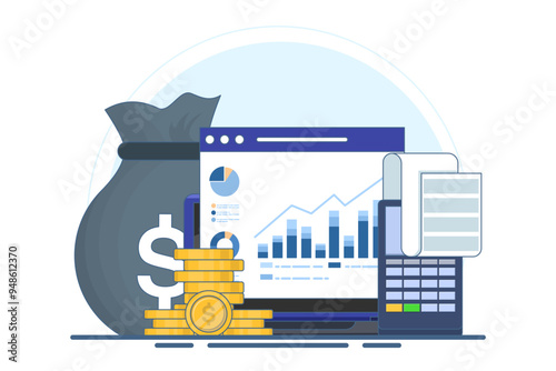 Accounting and finance concept. Budget income. Accounting profit is calculated by subtracting expenses from revenue. Business accountant with calculator. Flat vector illustration on background.