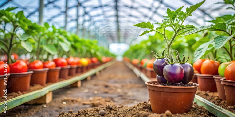 Tomato and eggplant seedlings growing in a greenhouse with selective focus and copy space Tomato and eggplant seedlings growing in a greenhouse with selective focus and copy space