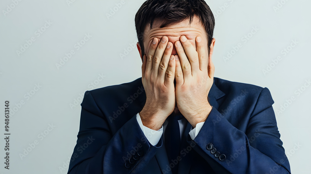 Emotion of stress or despair. Portrait of overstressed business man covering face with his hands isolated. Emotion of stress or despair. Portrait of overstressed business man covering face with his hands isolated.