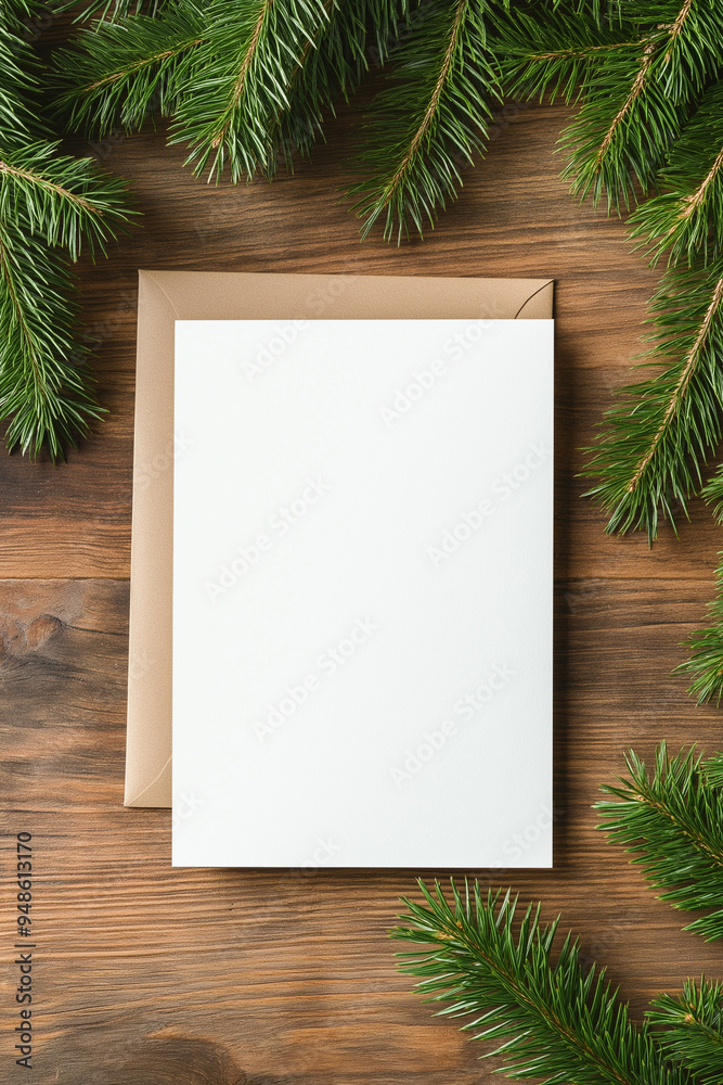 Blank greeting card and envelope mockup | Surrounded by evergreen branches | Rustic wood background | Festive holiday invitation design | Christmas and New Year celebrations Blank greeting card and envelope mockup | Surrounded by evergreen branches | Rustic wood background | Festive holiday invitation design | Christmas and New Year celebrations