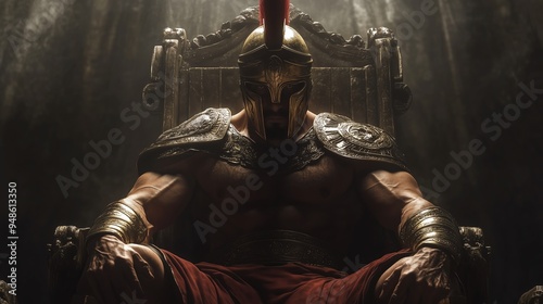 Ancient warrior in full armor with a red , spartan	