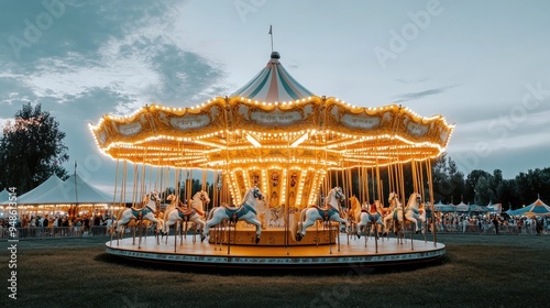 Vintage carousel with ornate lights and spinning horses creating joyful memories at night in an amusement park setting