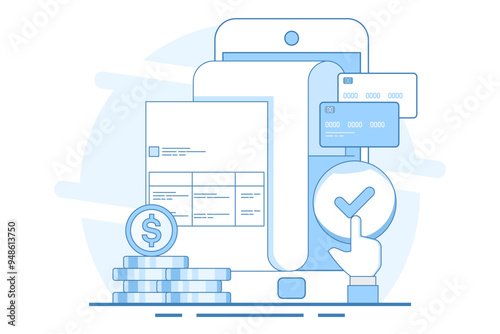 Digital payment system concept, Online payment, Online invoice, Online payment with smartphone and bank application. Online payment via smartphone, application for money transfer and payment. Vector.