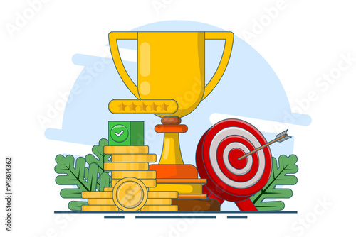 Goals and achievements, Business goals, achievement and success concept. Arrows hit the target with a big cup, target, target center, business plan, problem solving, Flat design vector illustration.