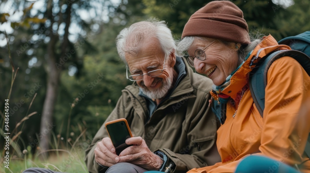 Fototapeta premium woman man outdoor senior couple happy lifestyle retirement together love fun elderly active mobile smartphone communication phone sport active activity fitness outfit training healthy