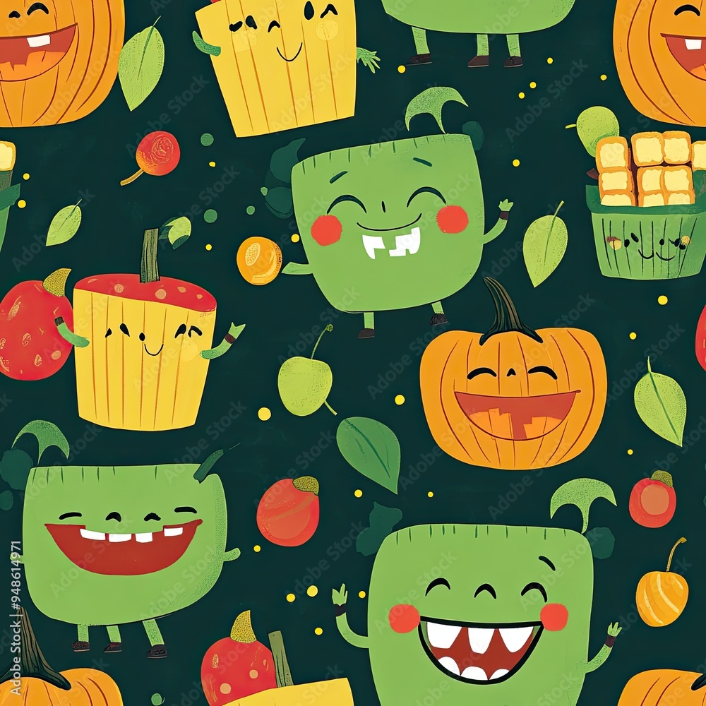 Spooky Halloween Fun: Playful Frankenstein Monsters with Candy Apples and Toffee in Pumpkin Patch Seamless Design Spooky Halloween Fun: Playful Frankenstein Monsters with Candy Apples and Toffee in Pumpkin Patch Seamless Design