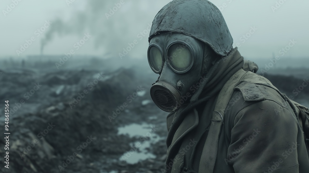 A soldier with a gas mask in a war-torn
A soldier with a gas mask in a war-torn