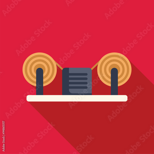 Illustration of an electric transformer converting high voltage power lines current energy supply on red background with shadow