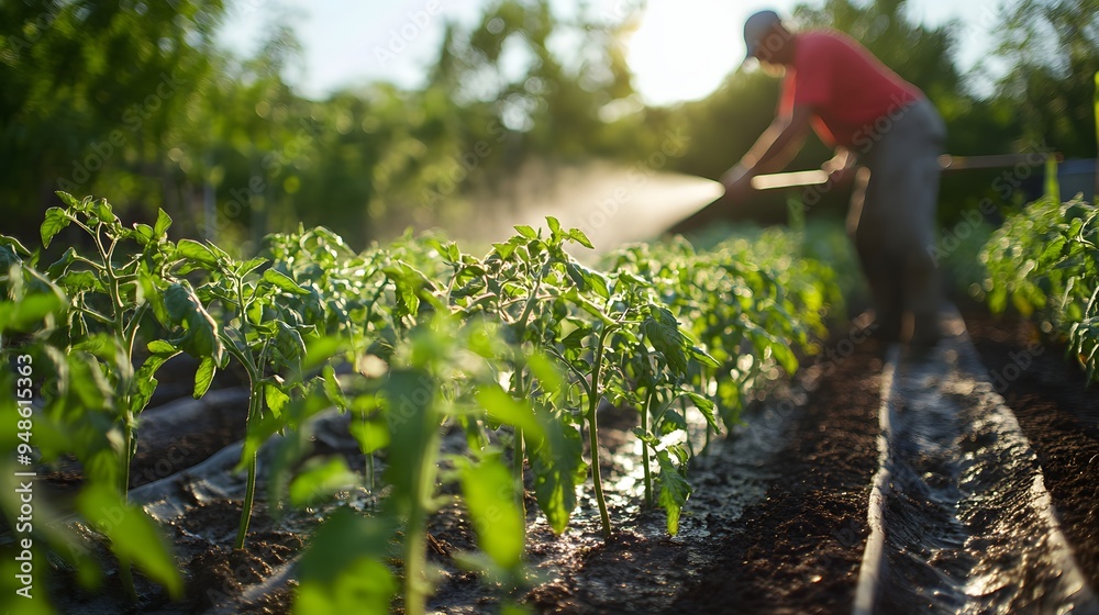 Fototapeta premium 155. **A farmer watering rows of young tomato plants with a hose.