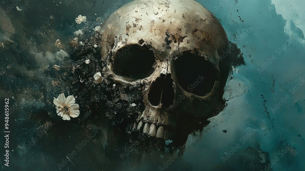 A Human Skull Emerging From Dark Waters With White Flowers A Human Skull Emerging From Dark Waters With White Flowers