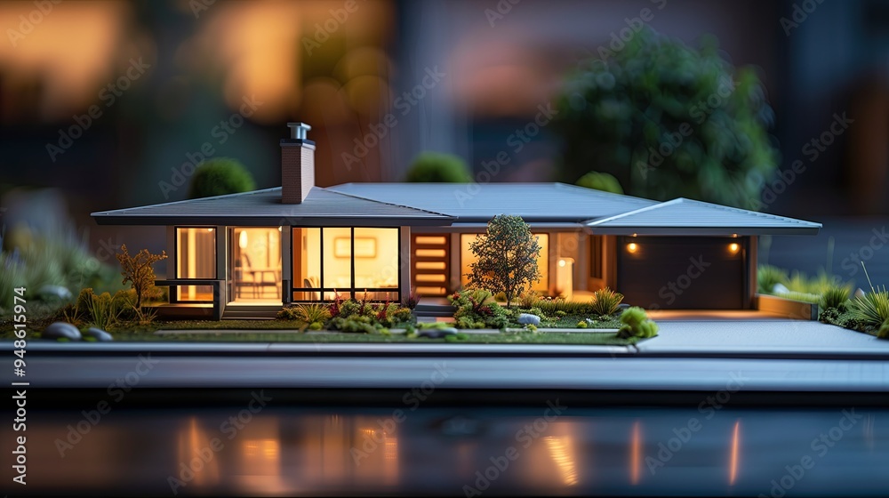 A detailed model of a suburban home, illuminated from the inside, with light spilling out through the large bay windows. The model features a garage, a front lawn, and a driveway. A detailed model of a suburban home, illuminated from the inside, with light spilling out through the large bay windows. The model features a garage, a front lawn, and a driveway.