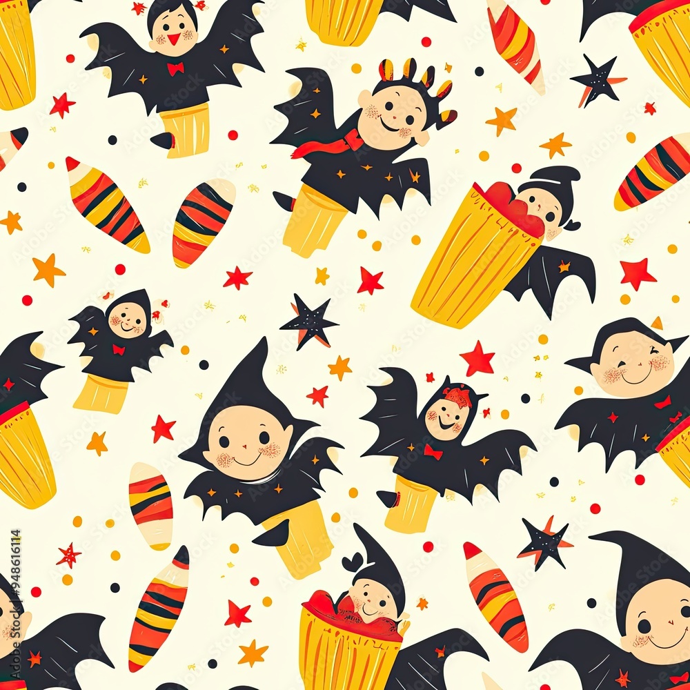 Naklejka premium Enchanting Halloween Night with Cheerful Vampires, Candy Corn, and Stars