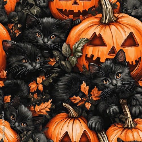 Adorable Black Kittens Cuddling with Jack-o-Lanterns in Enchanting Halloween Setting