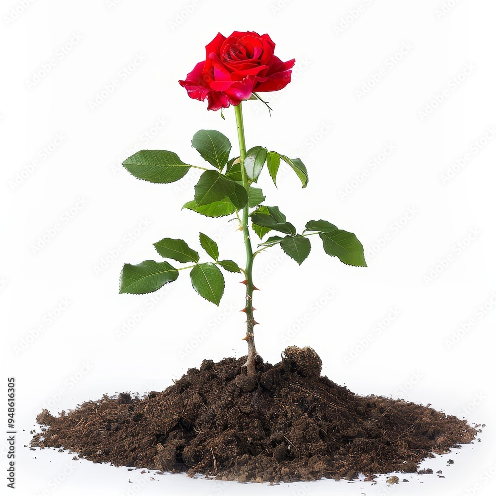 A beautiful single red rose growing in fresh soil, ideal for gardening themes and romantic nature projects A beautiful single red rose growing in fresh soil, ideal for gardening themes and romantic nature projects