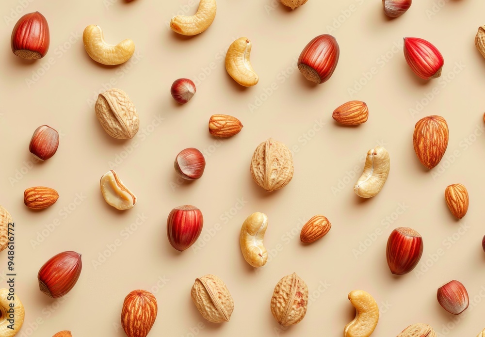 Assorted nuts scattered on a soft beige background, showcasing various shapes and textures Perfect for culinary themes or healthy eating concepts Assorted nuts scattered on a soft beige background, showcasing various shapes and textures Perfect for culinary themes or healthy eating concepts