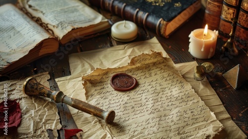 Design a scene of a historical letter from the 1800s, written in cursive on yellowed paper, sealed with a wax stamp, and surrounded by old books and a candle