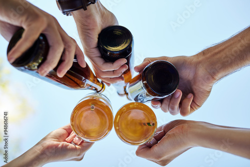 Canvas Print Friends, sky or hands with beer for cheers for celebration outside, bonding and people drinking at party