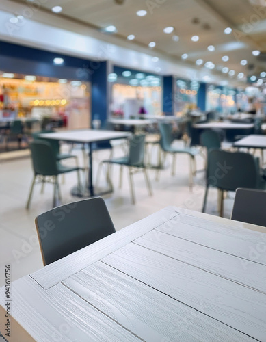 Wallpaper Mural Empty tables in the food court of the shopping center. black tables and chairs with blurred shopping center food court background. Torontodigital.ca