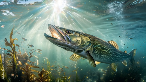 A realistic photo of a massive musky (Esox masquinongy) launching a swift attack underwater. The musky is depicted in striking detail, its powerful body and sharp teeth on full