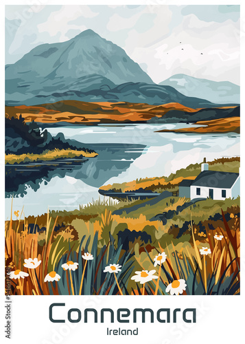 Connemara National Park Ireland Poster Illustration Travel Print Decor Gift Paper Canvas Wall Retro Art #948617768