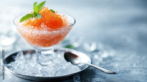 An elegant glass filled with a refreshing dessert garnished with fresh mint leaves, served on ice, capturing a sophisticated and delicious culinary presentation. photo