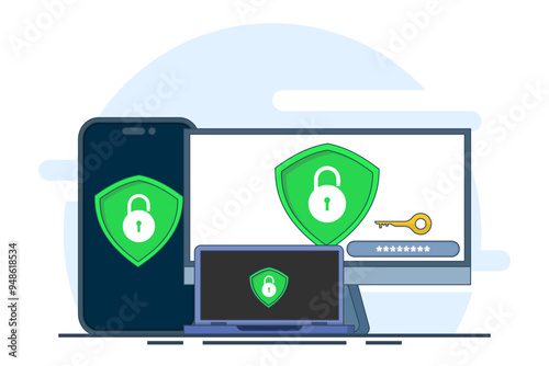 Security software concept that protects multiple digital devices from cyber attacks, Website is protected by access, Data privacy, flat vector illustration on background.