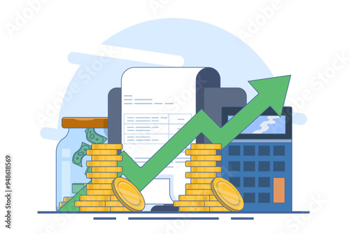 Saving money concept, Savings account, Piggy bank, money brain with falling gold coins. Bank account and cash vector business concept. Flat line vector illustration isolated on background,