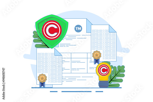 Concept of Trademark, Copyright and Patent Intellectual Property. copyright patent law, Copyright protected by law, patent protection, Intellectual property, Copyright symbol, Legal documents.