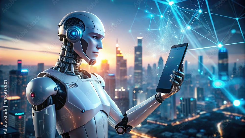Hyper-realistic digital art of an Al robot holding a modern smartphone, its screen glowing with holographic data, in a futuristic cityscape Hyper-realistic digital art of an Al robot holding a modern smartphone, its screen glowing with holographic data, in a futuristic cityscape