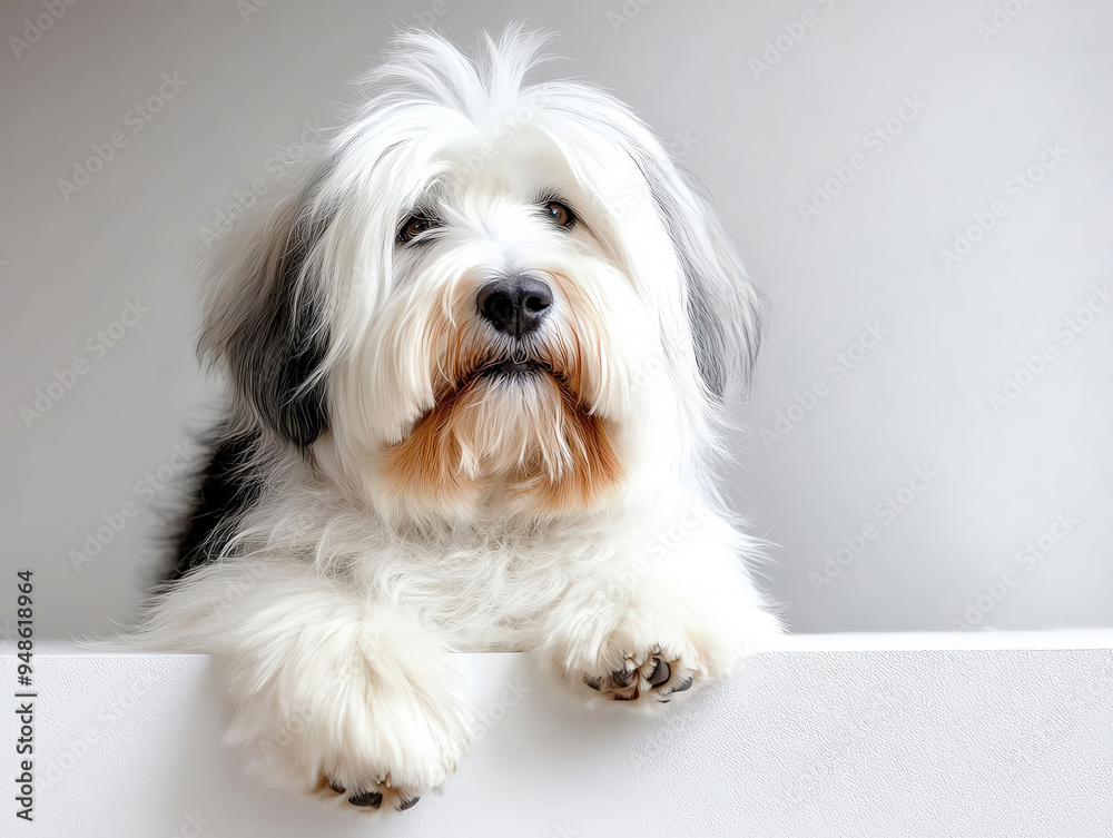 A fluffy dog with a charming expression, sitting gracefully on a white surface against a soft, neutral backdrop. A fluffy dog with a charming expression, sitting gracefully on a white surface against a soft, neutral backdrop.