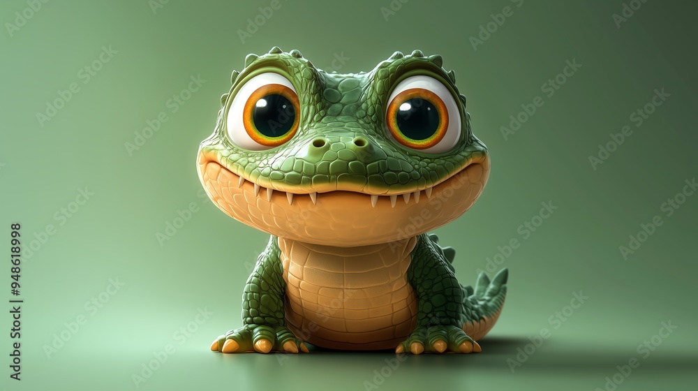 A cute cartoon crocodile, round body, green fur, large eyes, lively expression, cartoon style with simple gradient background A cute cartoon crocodile, round body, green fur, large eyes, lively expression, cartoon style with simple gradient background