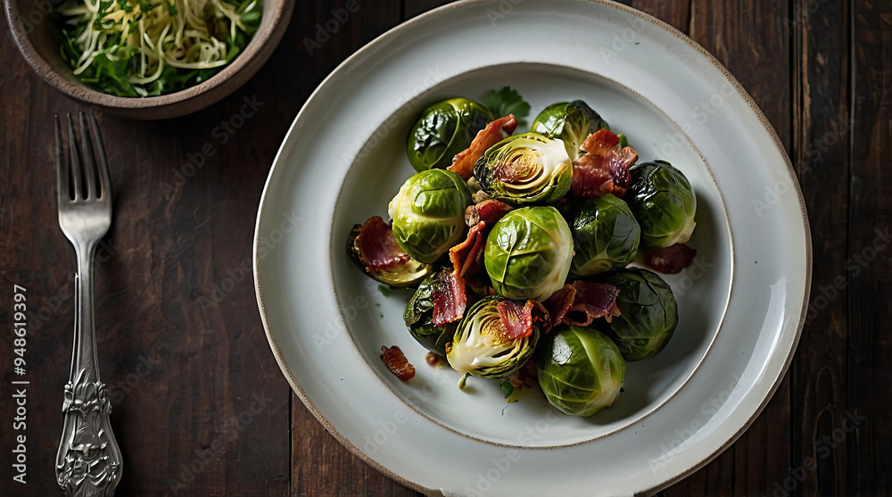 an appetizing serving of roasted brussels sprouts, skilfully garnished with crispy bacon bits and fresh parsley an appetizing serving of roasted brussels sprouts, skilfully garnished with crispy bacon bits and fresh parsley