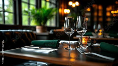 Elegant restaurant table setting with wine glasses, candlelight ambiance, and lush greenery in the background.