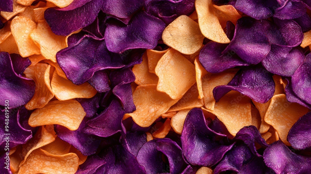 A Vibrant Close-Up of Purple and Orange Vegetable Chips with Detailed Textures A Vibrant Close-Up of Purple and Orange Vegetable Chips with Detailed Textures