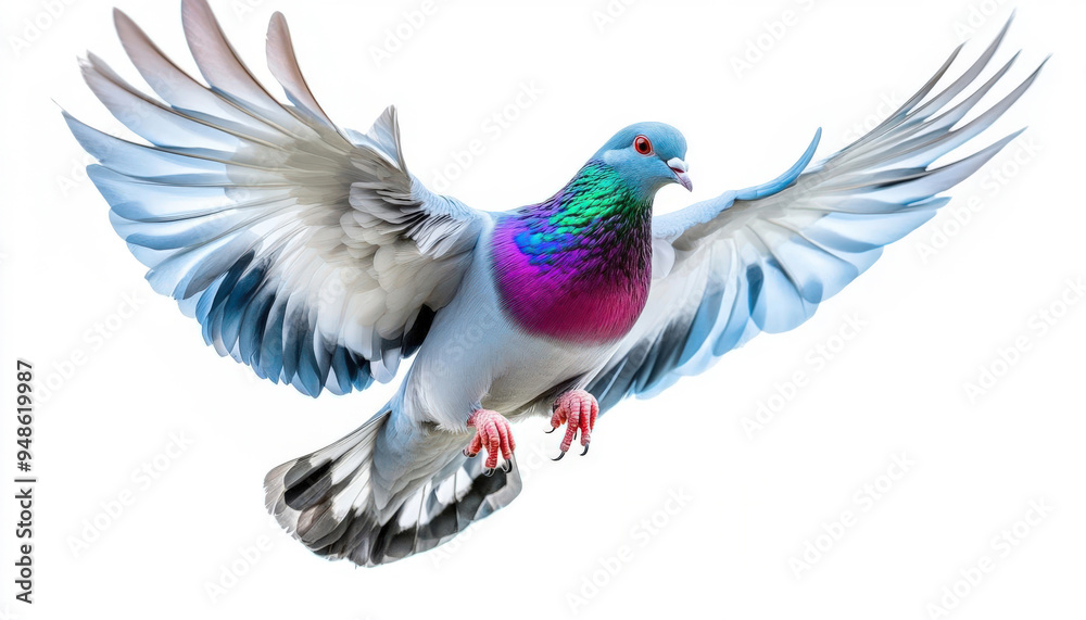 Fototapeta premium A colorful pigeon in flight, showcasing vibrant feathers and graceful wings against a pure white background.