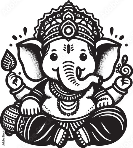 Indian God Ganapati Simple 2D Cute Single Characters with Silhouette Black and White Line Art with Low Details, Indian festival Ganesh Chaturthi black and White Lord Ganesh Character 