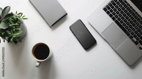 Top view minimal office desk workspace with laptop, phone, coffee and plant.