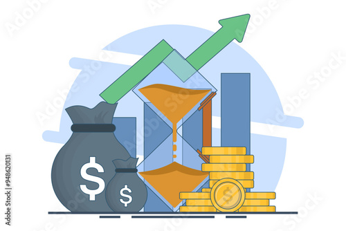 Concept of revenue growth, financial strategy, high return on investment, budget balance, fundraising, long term improvement, revenue growth. Flat vector illustration on background.
