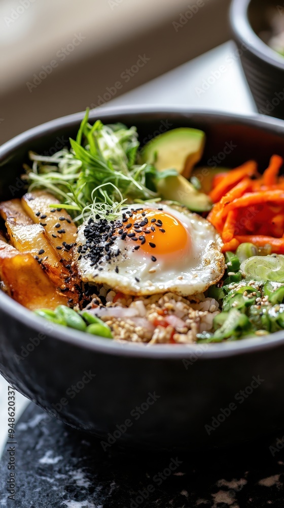 Bibimbap. Korean food style with fried egg and vegetables
Bibimbap. Korean food style with fried egg and vegetables