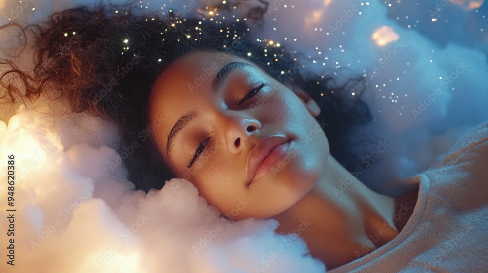 Dreamy Portrait of a Woman Surrounded by Ethereal Clouds and Sparkling Lights Dreamy Portrait of a Woman Surrounded by Ethereal Clouds and Sparkling Lights