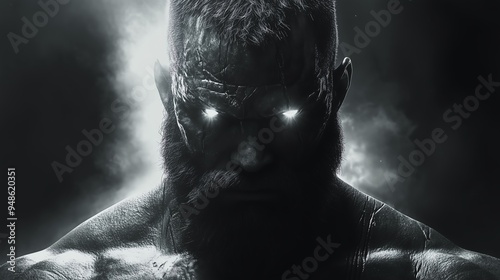 intense, monochromatic, portrait, muscular, bearded, man,