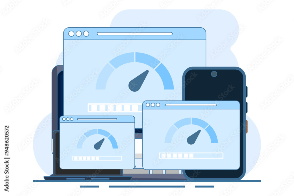 Internet speed concept. Smartphone, laptop and computer with internet connection speed test on screen, internet download speed and network performance on flat web page illustration.