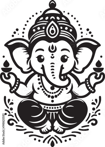 Indian God Ganapati Simple 2D Cute Single Characters with Silhouette Black and White Line Art with Low Details, Indian festival Ganesh Chaturthi black and White Lord Ganesh Character 