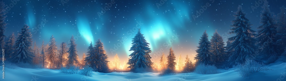 Naklejka premium Snowy pine forest illuminated by northern lights