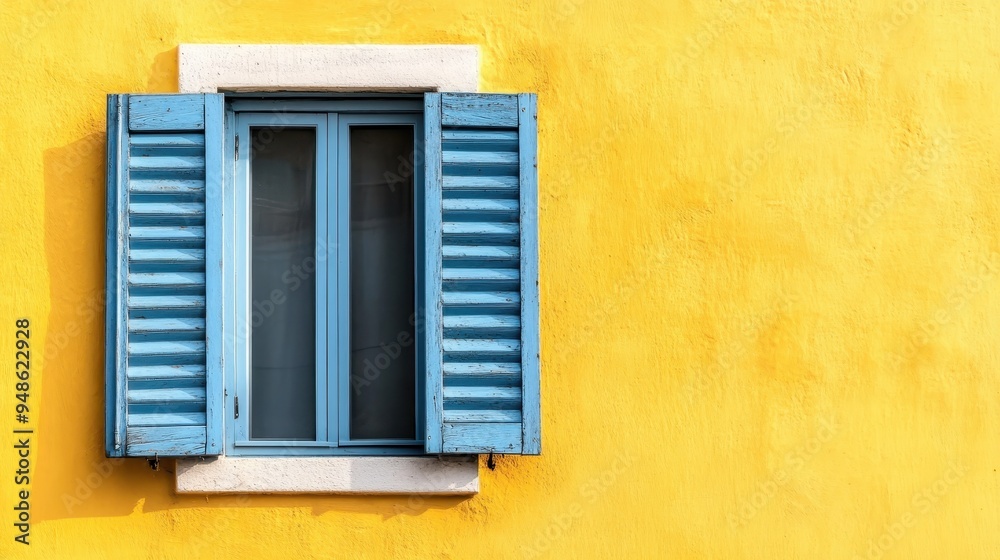 A bright yellow wall of a house featuring a window with vibrant blue shutters, contrasting sharply against the vivid wall color and providing a pop of color. A bright yellow wall of a house featuring a window with vibrant blue shutters, contrasting sharply against the vivid wall color and providing a pop of color.
