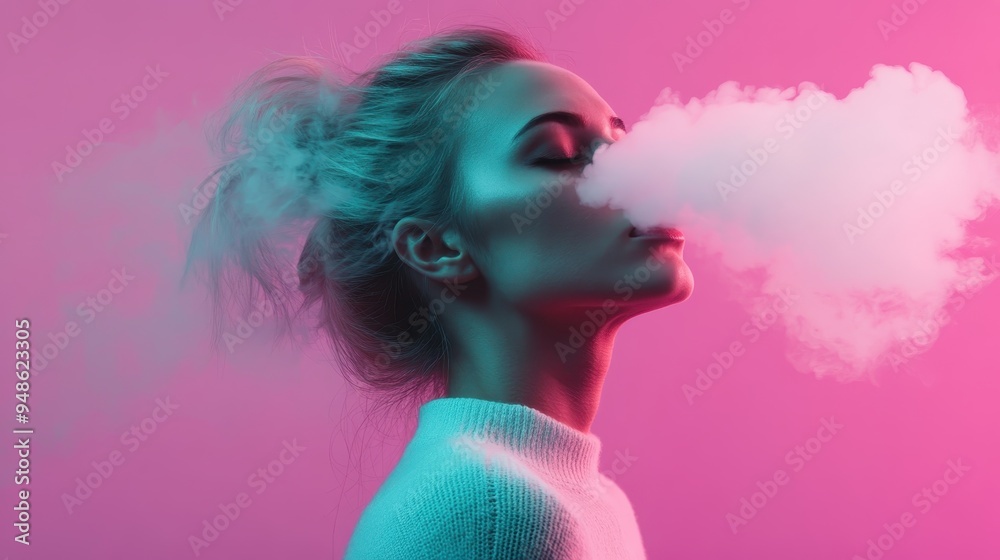 A person with light hair in a loose bun exhaling a large cloud of smoke against a vivid, colorful pink background, creating a striking visual contrast. A person with light hair in a loose bun exhaling a large cloud of smoke against a vivid, colorful pink background, creating a striking visual contrast.