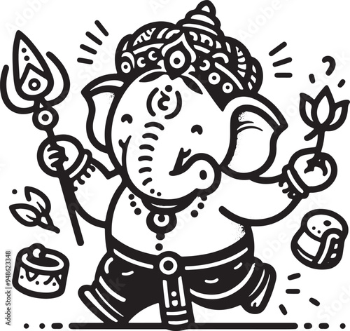 Indian God Ganapati Simple 2D Cute Single Characters with Silhouette Black and White Line Art with Low Details, Indian festival Ganesh Chaturthi black and White Lord Ganesh Character 