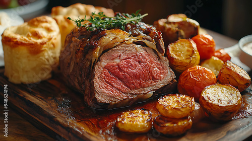 Sunday Roast being carved, roast beef with Yorkshire pudding, gravy, and roasted vegetables, delicious, UK traditional  photo